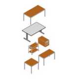 3D office desks, container, rolling shelving