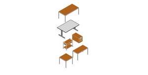 3D office desks, container, rolling shelving