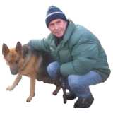 man with dog, winter clothing