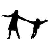 woman with child, walking, silhouette