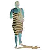 woman, walking, striped dress