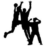 3 handball players, shot, silhouette