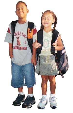 2 kids with satchels, standing
