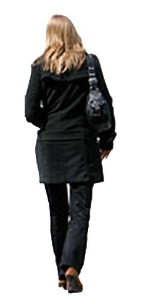 young woman in black, walking