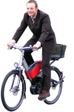 man in suit on bike