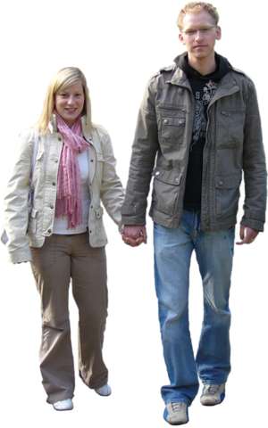 young couple, walking, holding hands