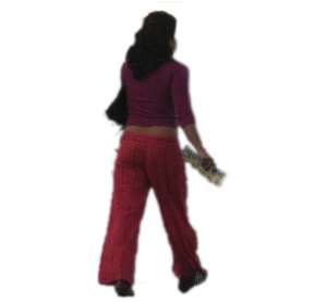 woman, walking, red trousers