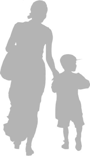 woman with child, walking, silhouette