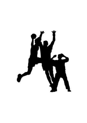 3 handball players, shot, silhouette