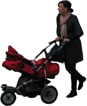 Frau mit Kinderwagen, laufend