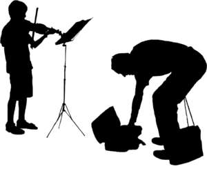 violin player and pedestrian, silhouette